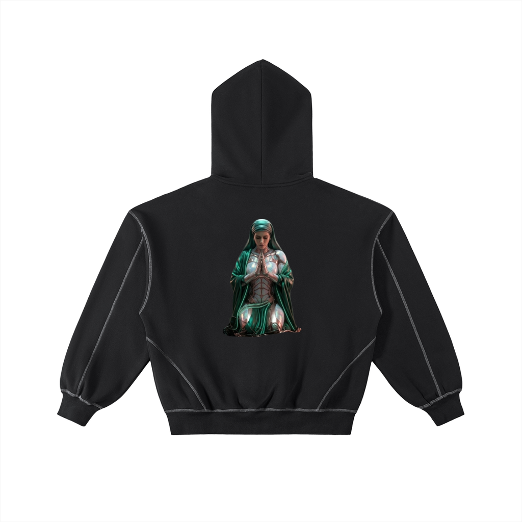 Contrast-Stitched Boxy Fleece Zip Hoodie