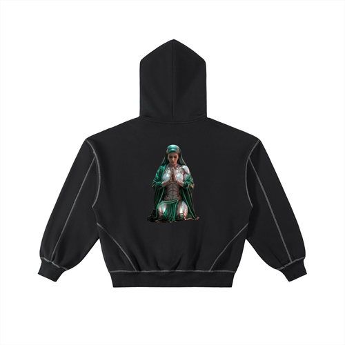 Contrast-Stitched Boxy Fleece Zip Hoodie