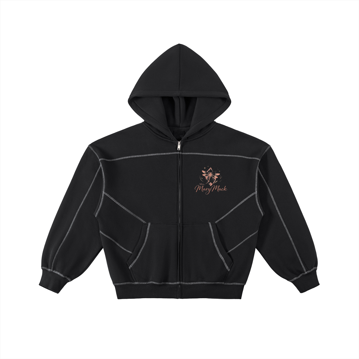 Contrast-Stitched Boxy Fleece Zip Hoodie|Mrs.MaryMack